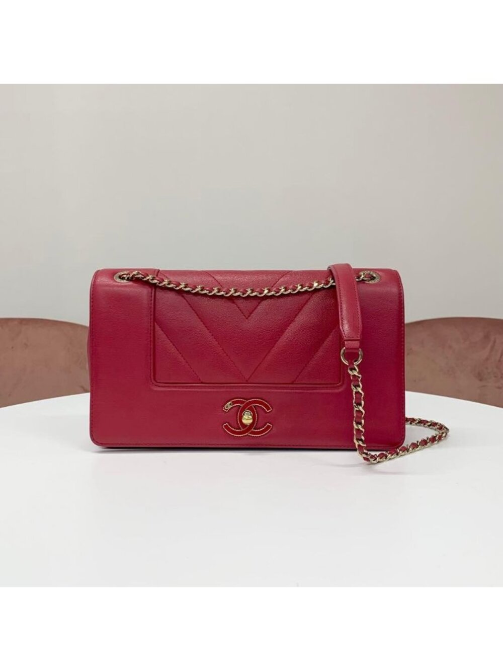 Chanel V Stitch Lambskin Turnlock Shoulder Bag